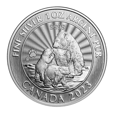 A picture of a 2023 $5 1 oz. 99.99% Pure Silver Coin - The Majestic Polar Bear